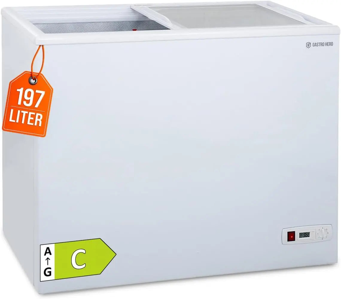 GastroHero Congélateur ECO 200 avec couvercle coulissant en verre – gris/blanc