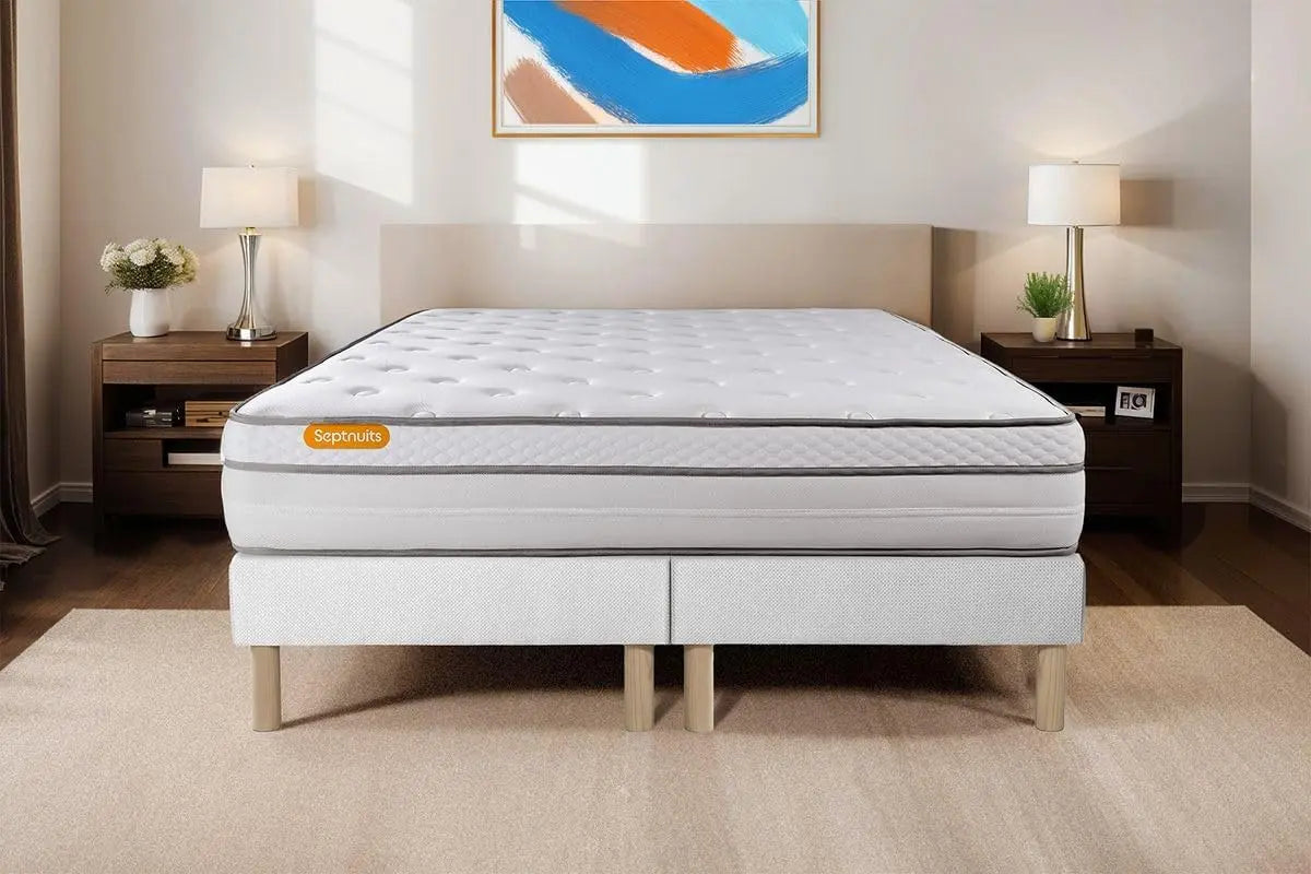 Matelas 180x200 + Double sommiers 90x200 Memo Luxe Ressorts ensachés + mémoire de Forme 5 Zones – gris/beige