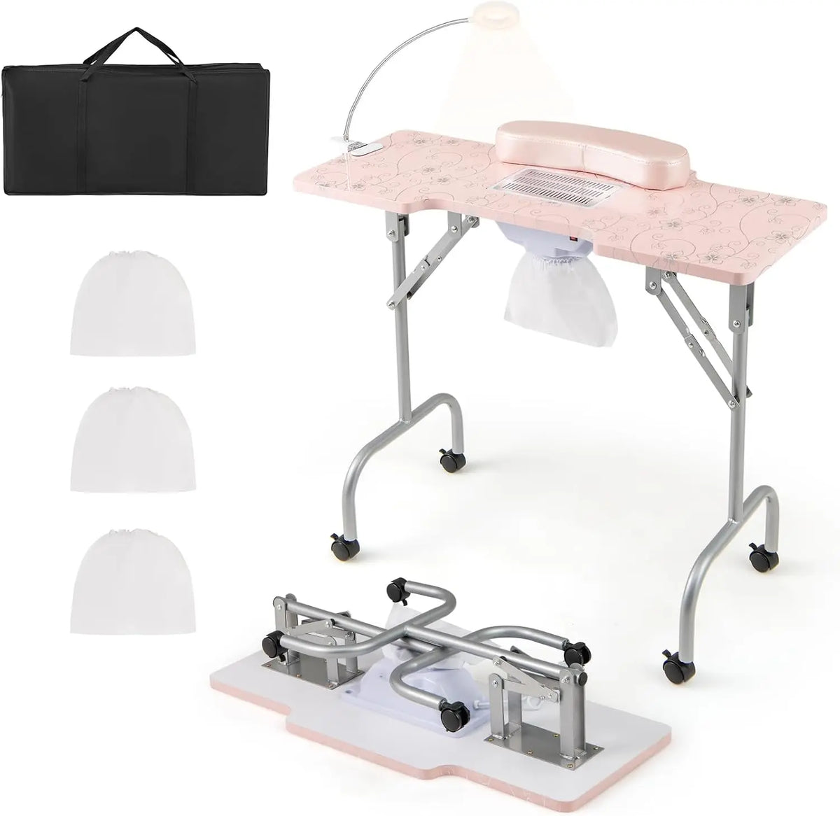 COSTWAY Table de Manucure Pliante avec Collecteur de Poussière Électrique – 90 x 40 x 77 cm, rose