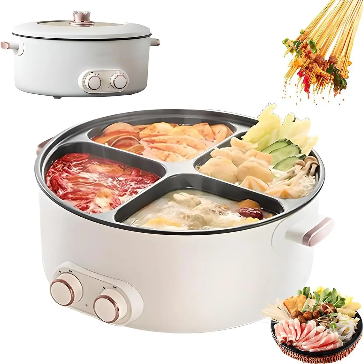 Hot Pot électrique 6 L 2000 W multifonction avec 4 compartiments et contrôle indépendant de – gris/beige/blanc