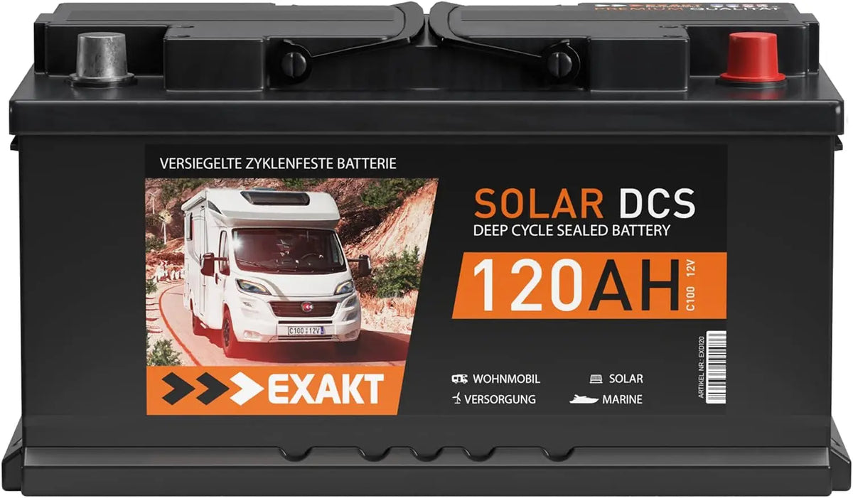 EXAKT batterie camping-car 120Ah 12V caravane solaire bateau décharge lente – noir/gris