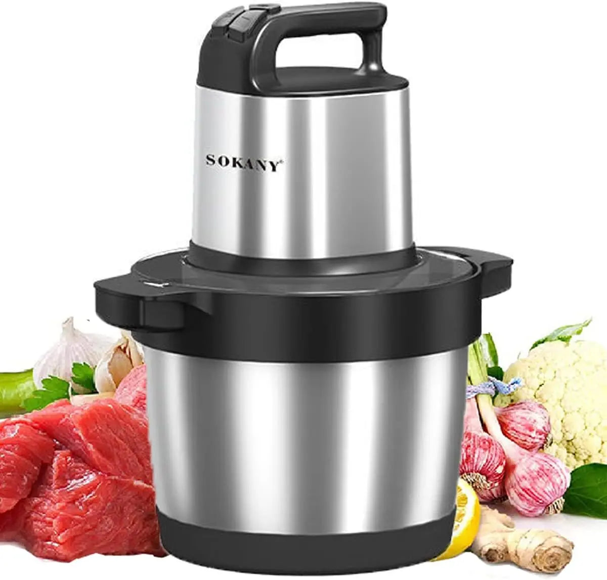 SOKANY Hachoir Électrique Mini hachoir a viande electrique Avec Bol Acier Inox – SK-7033, 1500 W, 6,5 L, argenté