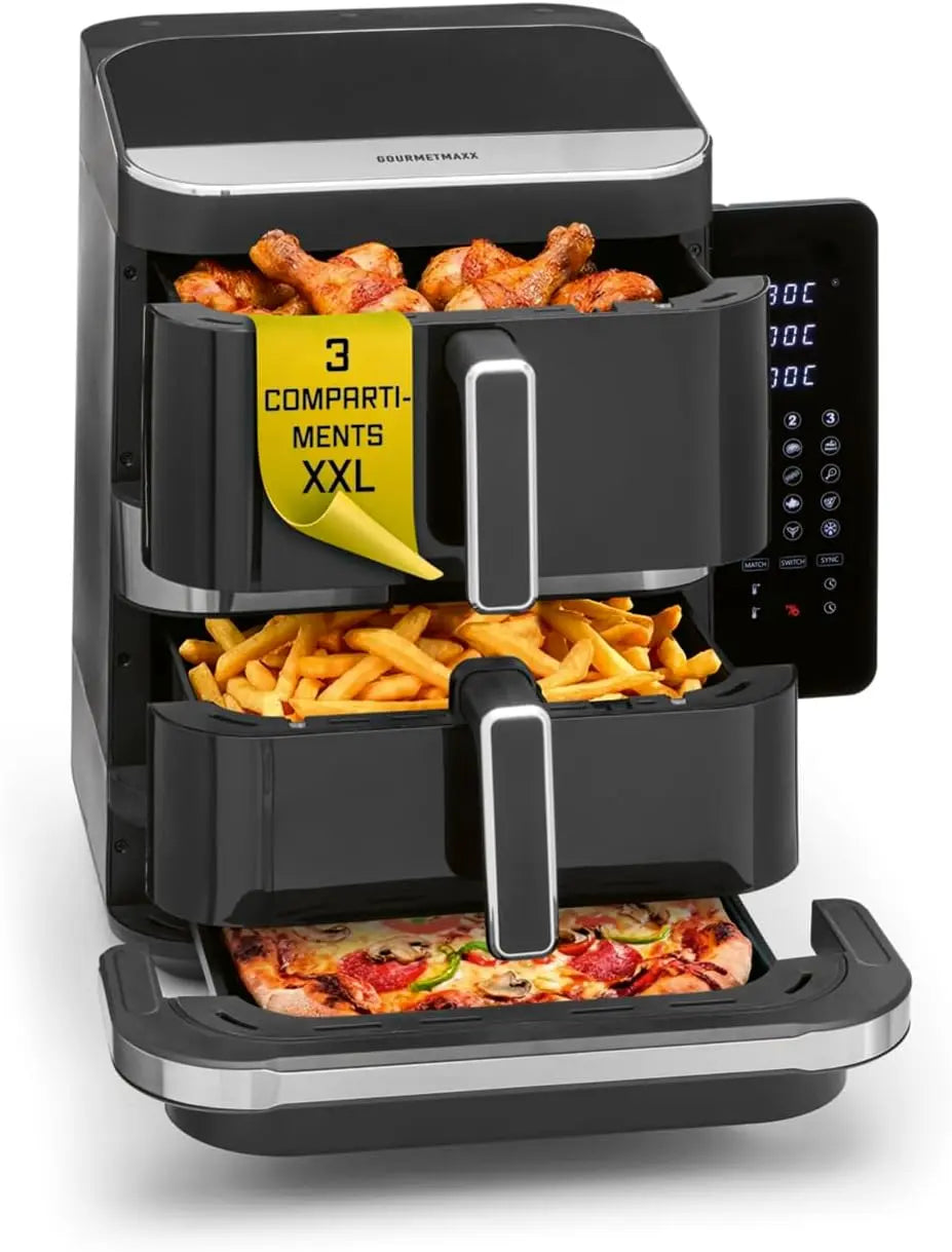 GOURMETmaxx FryUp3 Friteuse à air chaud verticale 3 compartiments – gris/noir