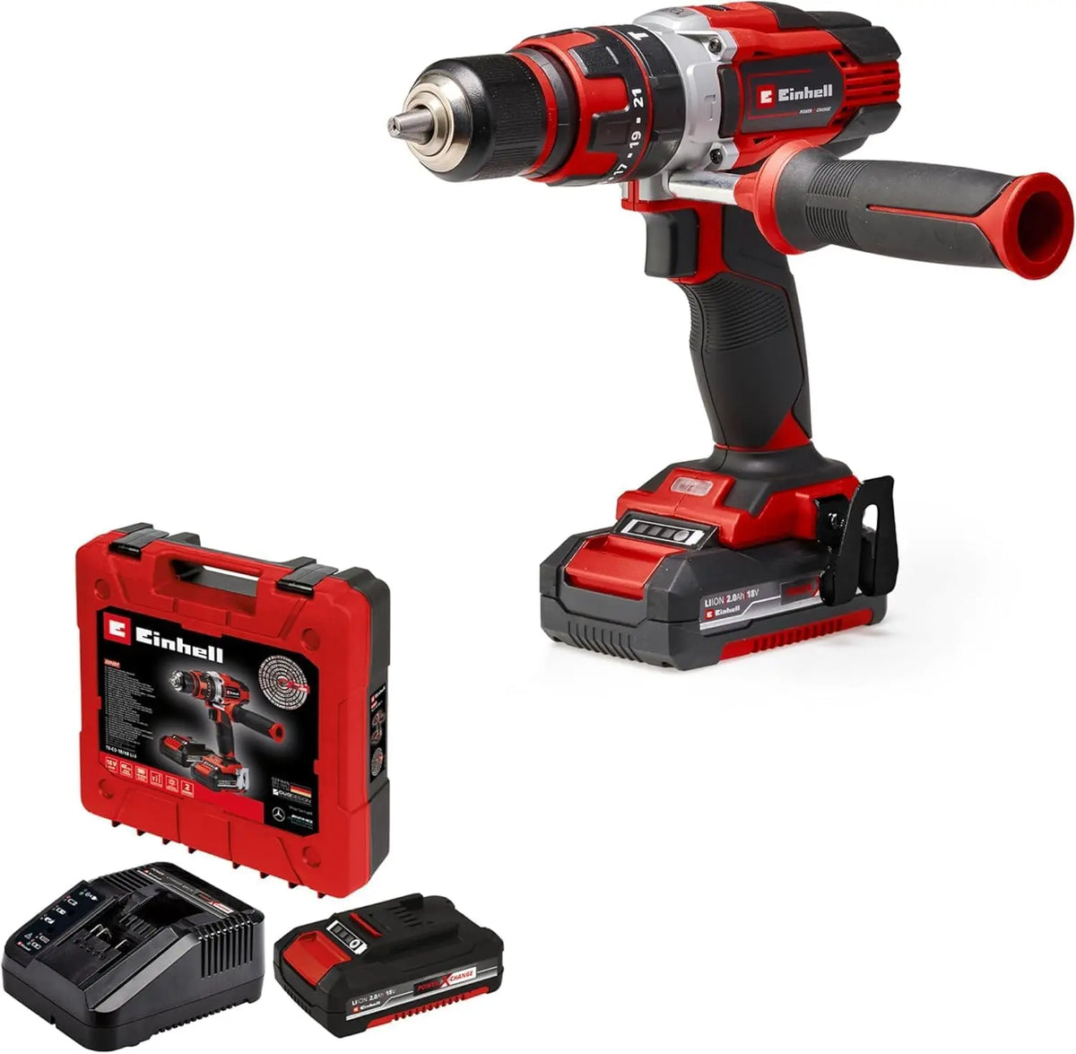 Einhell Perceuse-visseuse à percussion sans fil TE-CD 18/48 Li-i Kit – 2,0 Ah / 0 Ah, gris/rouge/noir