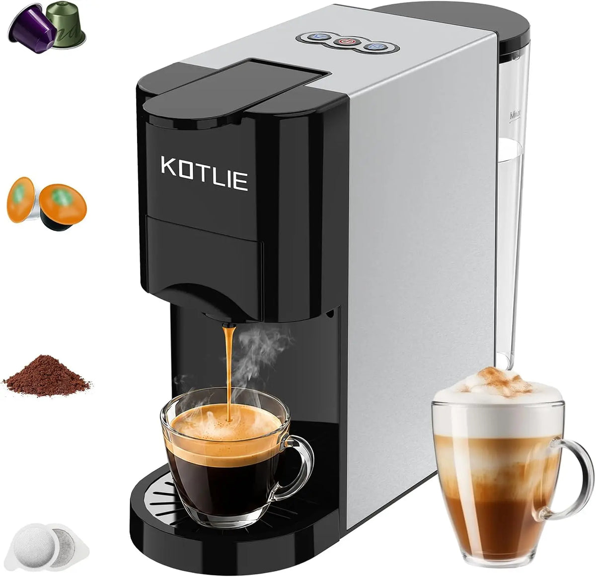 KOTLIE Machine à café multi capsules 4-en-1 – 1450 W, gris/noir