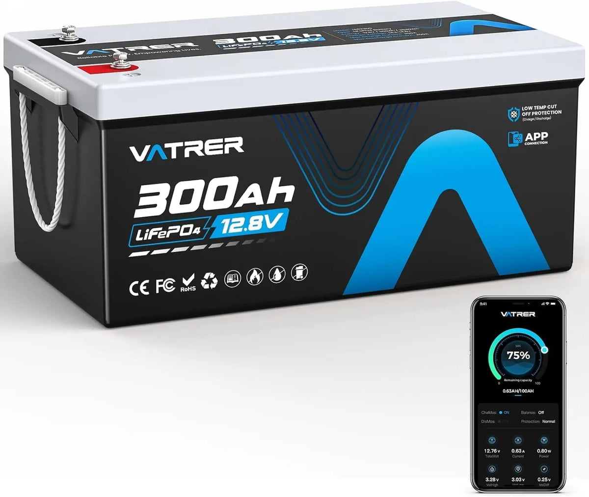 VATRER POWER Batterie LiFePO4 12V 300Ah Bluetooth avec BMS 200A – noir/gris/bleu