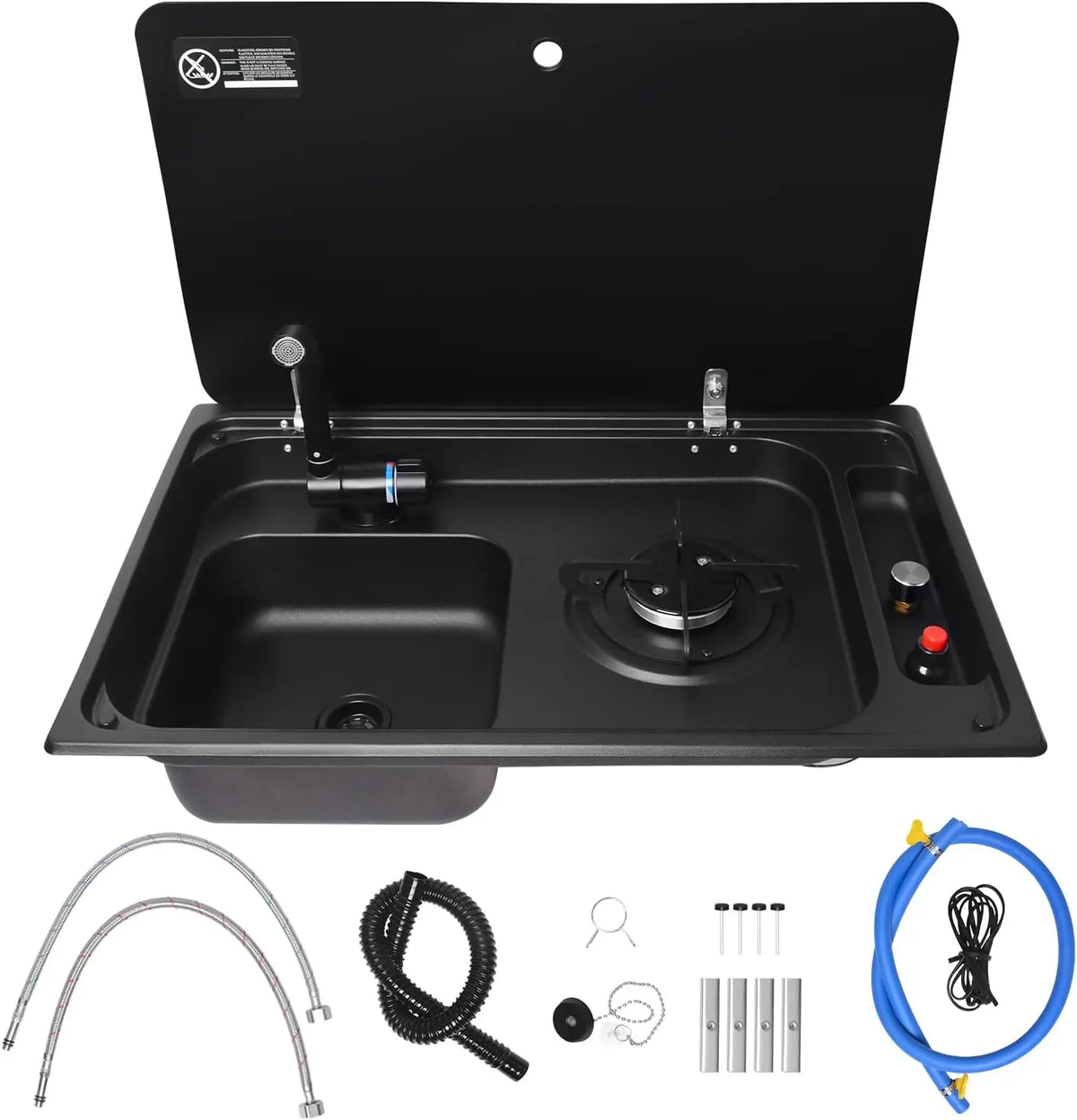 Ensemble de cuisinière à gaz et évier pour camping-car avec couvercle en verre trempé en acier inoxydable – argenté