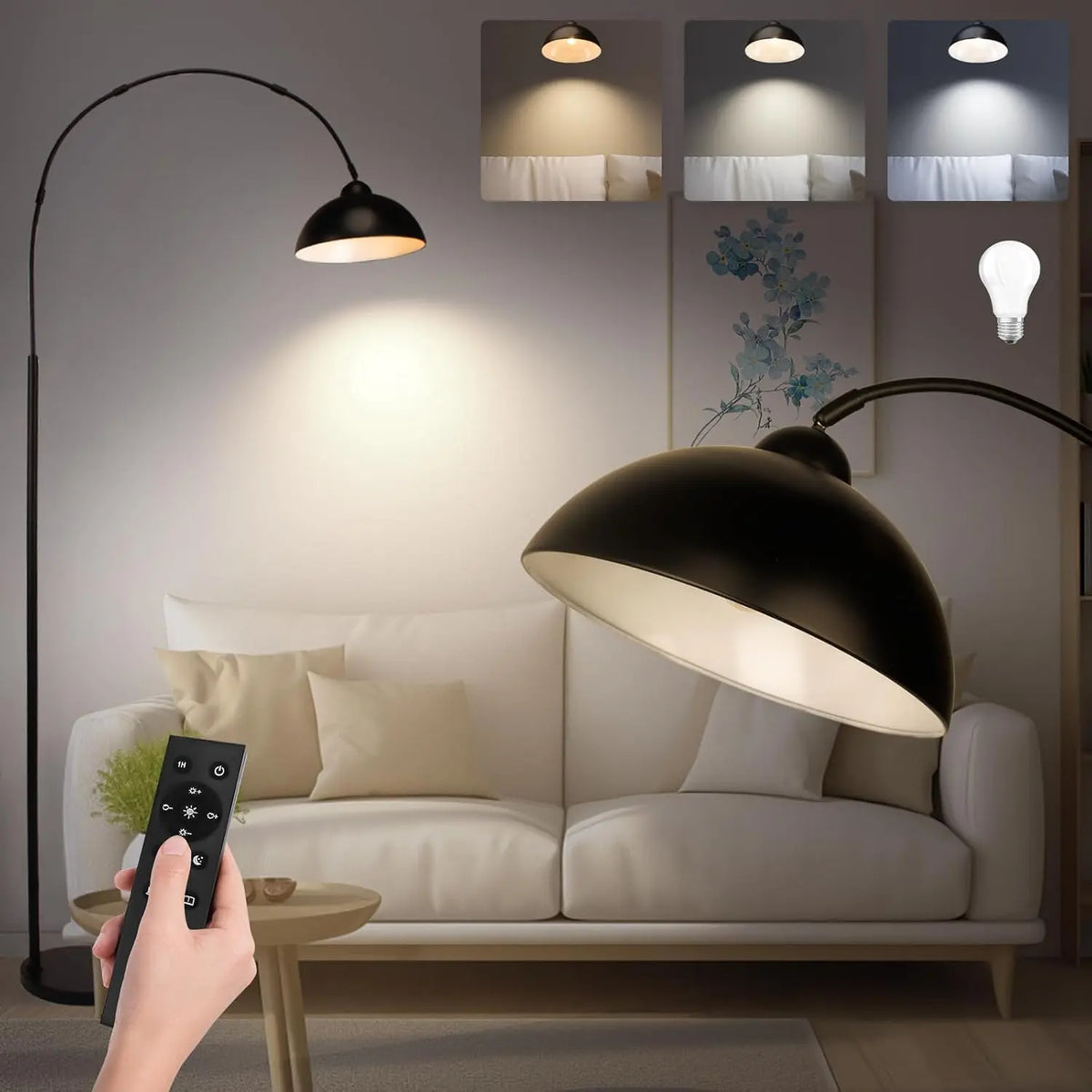 Lampadaire courbé Lampe sur Pied à Arc en Métal Noir avec Télécommande
