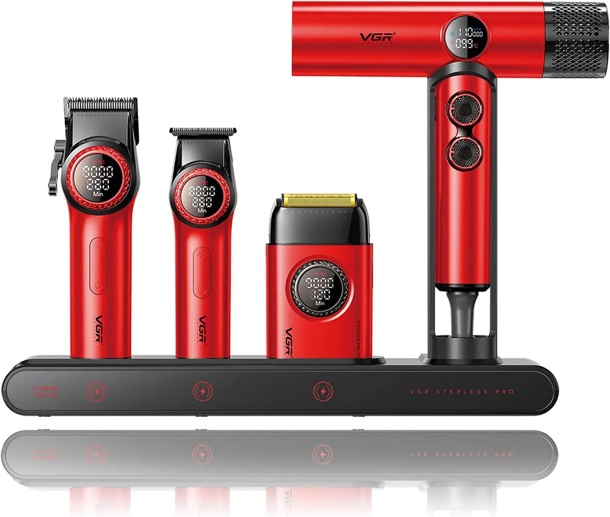 VGR Professional Barber Combo avec Tondeuse Cheveux Trimmer – 4600 mAh / 2500 mAh, gris/rouge