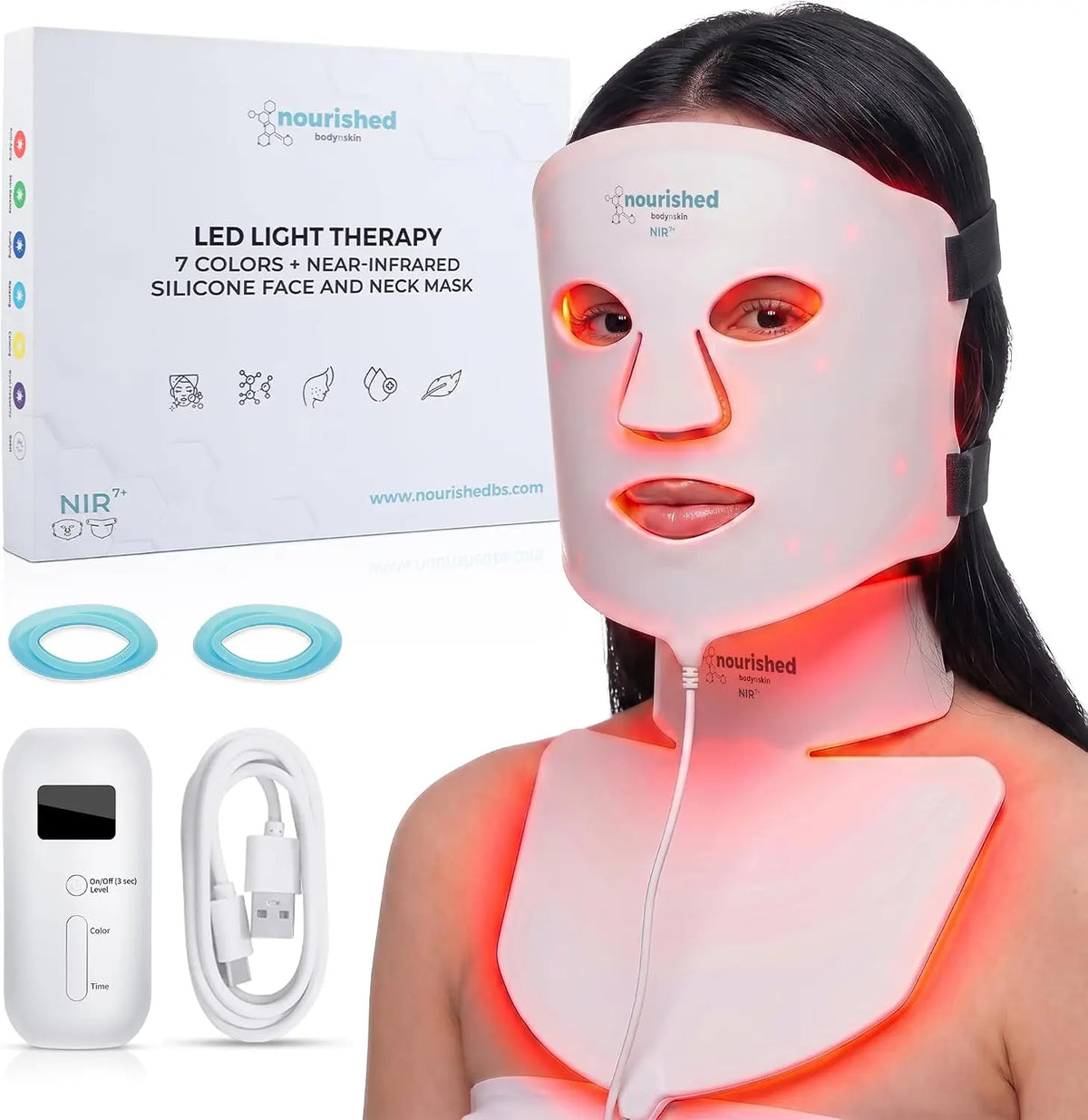 Nourished Bodynskin Masque LED 7 couleurs visage et cou avec infrarouge proche - Luminothérapie bleue