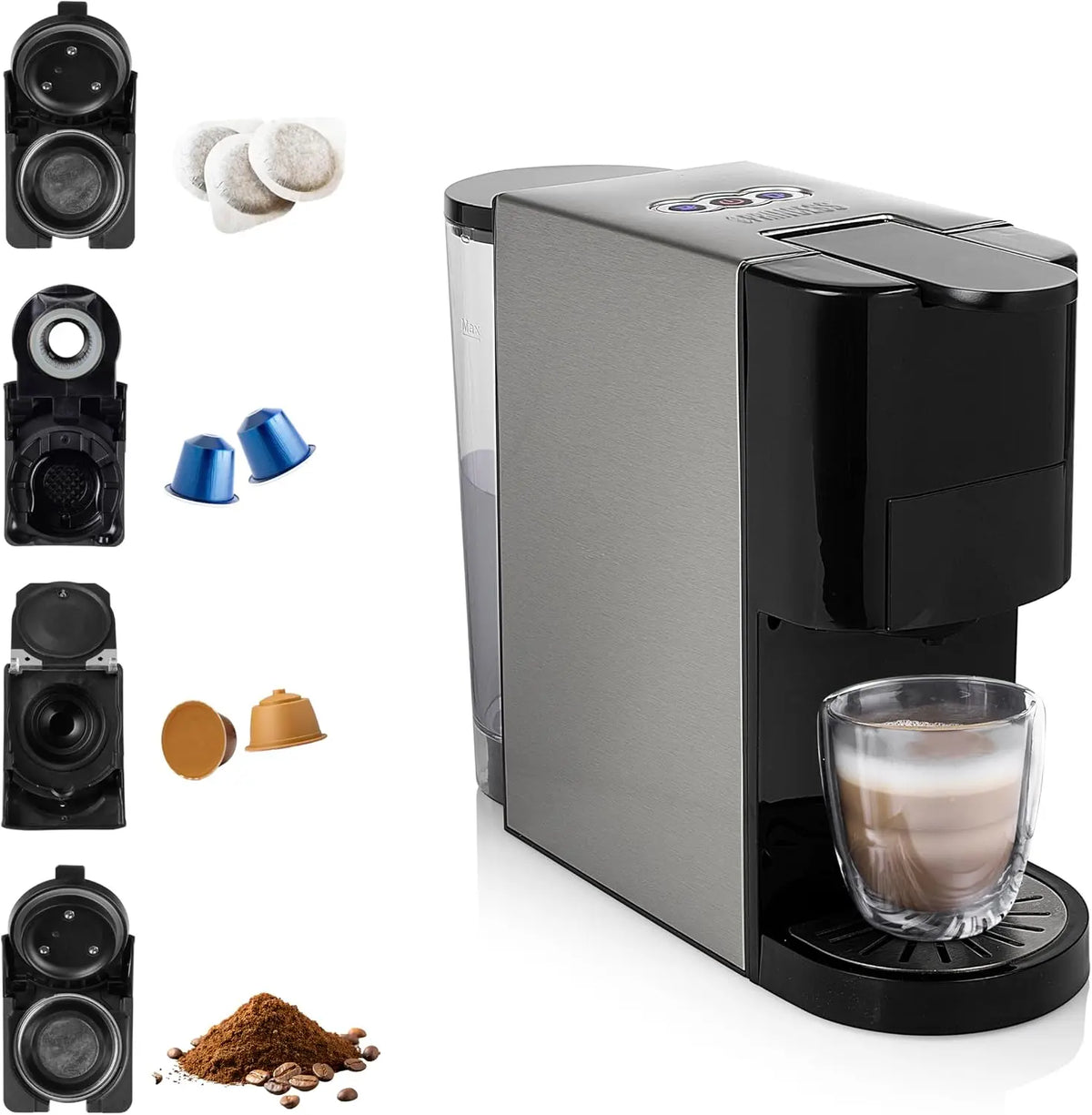 Princess Machine à café multi-capsules 4 – 1450 W, 800 ml, noir/argenté