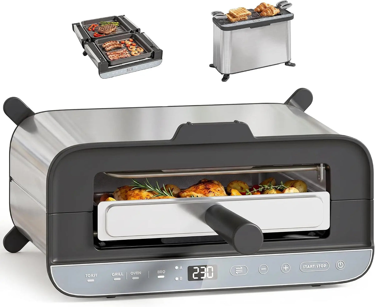 HOMCOM Mini-Four 3-en-1 1700W Grille-Pain à Fente Longue Gril de Table 4,9L – gris