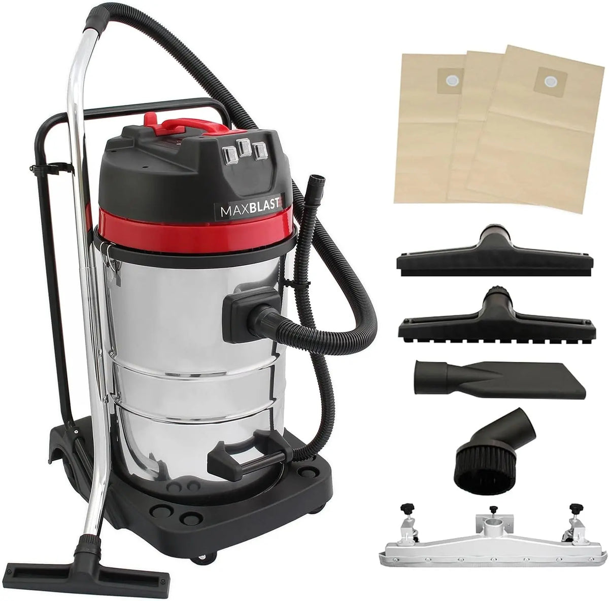 MAXBLAST Aspirateur Industriel 80 L Eau et Poussière 5 Accessoires Nettoyage Commercial 3 000 W Moteur – argenté