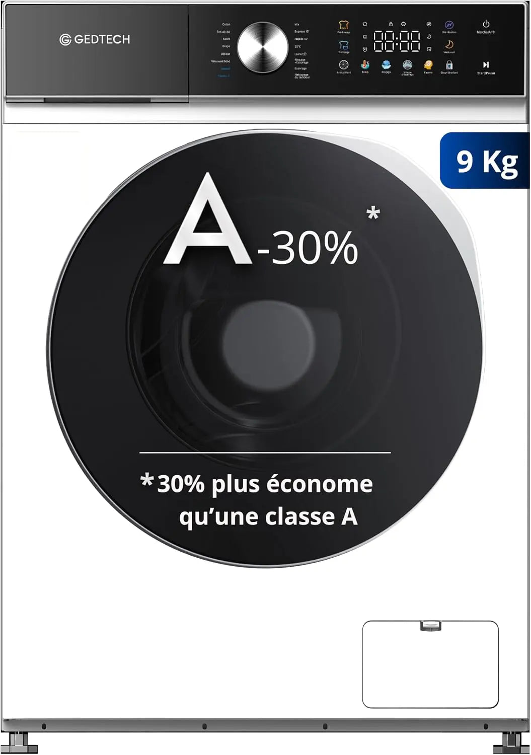 GEDTECH Lave-linge frontal GLLPS91400WH - 9 Kg - 1400 tr/mn - 16 programmes - Eco - Intensif - Rapide – noir/gris