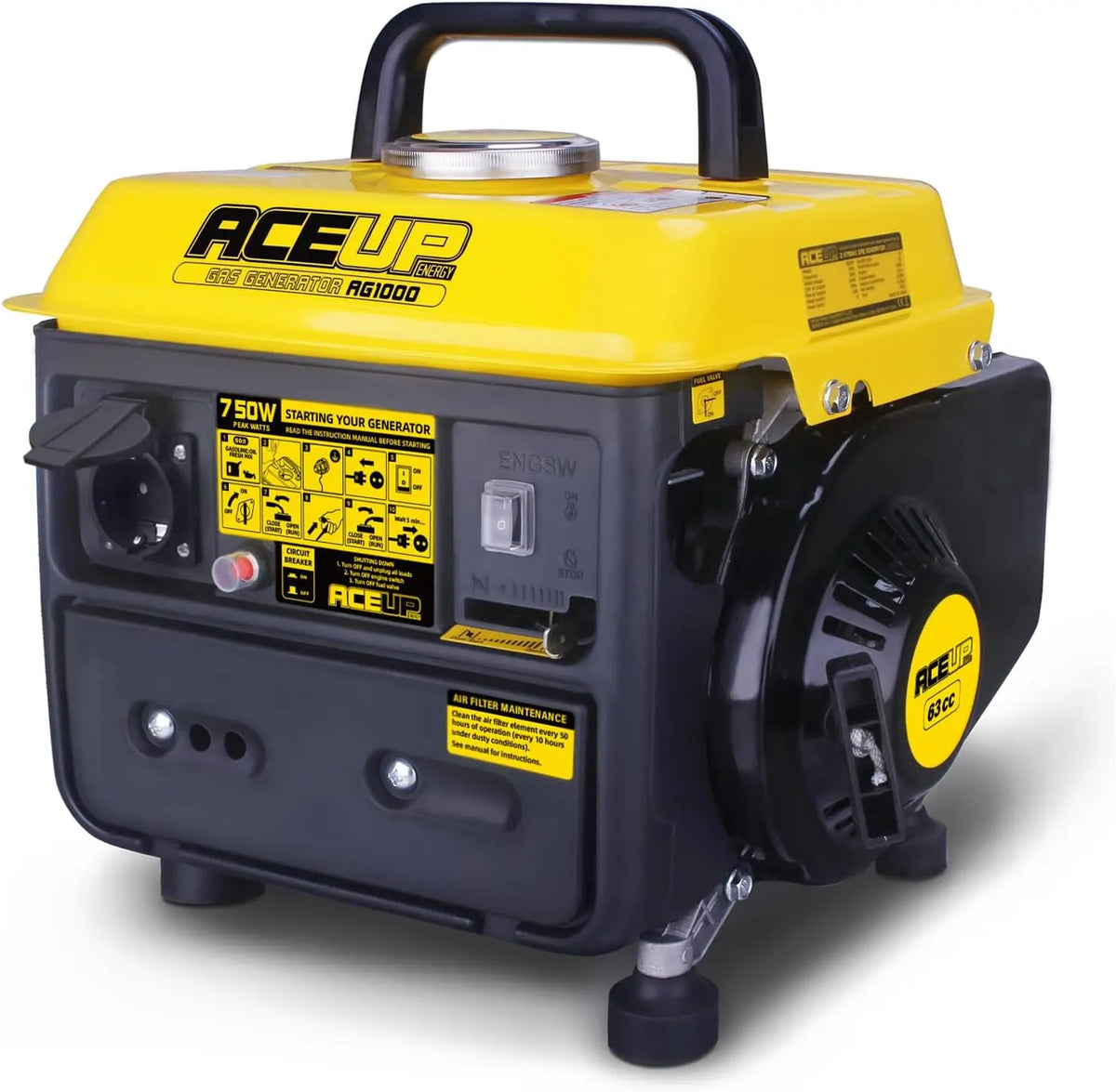 Aceup Energy 750W Groupe Electrogène Générateur à Essence et Prise 230 V pour la Camping Ultraléger 2 – 50 Hz, gris/noir/jaune