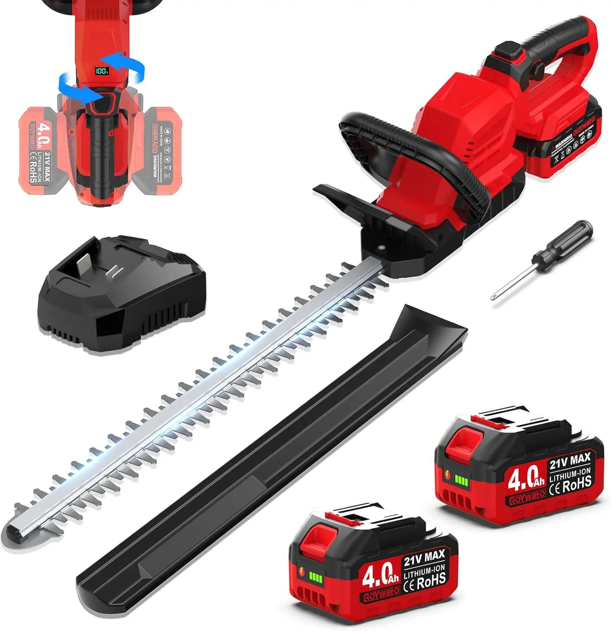 53CM Taille Haie Batterie sans Fil avec 2 Batteries 4,0Ah & Poignée à 180° – gris/rouge/noir