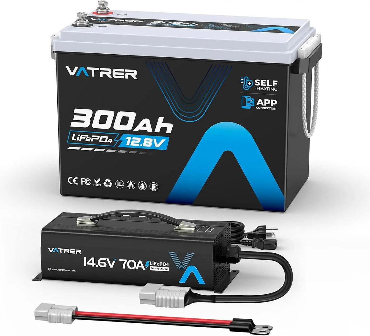 VATRER POWER Batterie LiFePO4 12V 300Ah Auto-chauffante – 2560 W, 33840 Wh, gris/noir