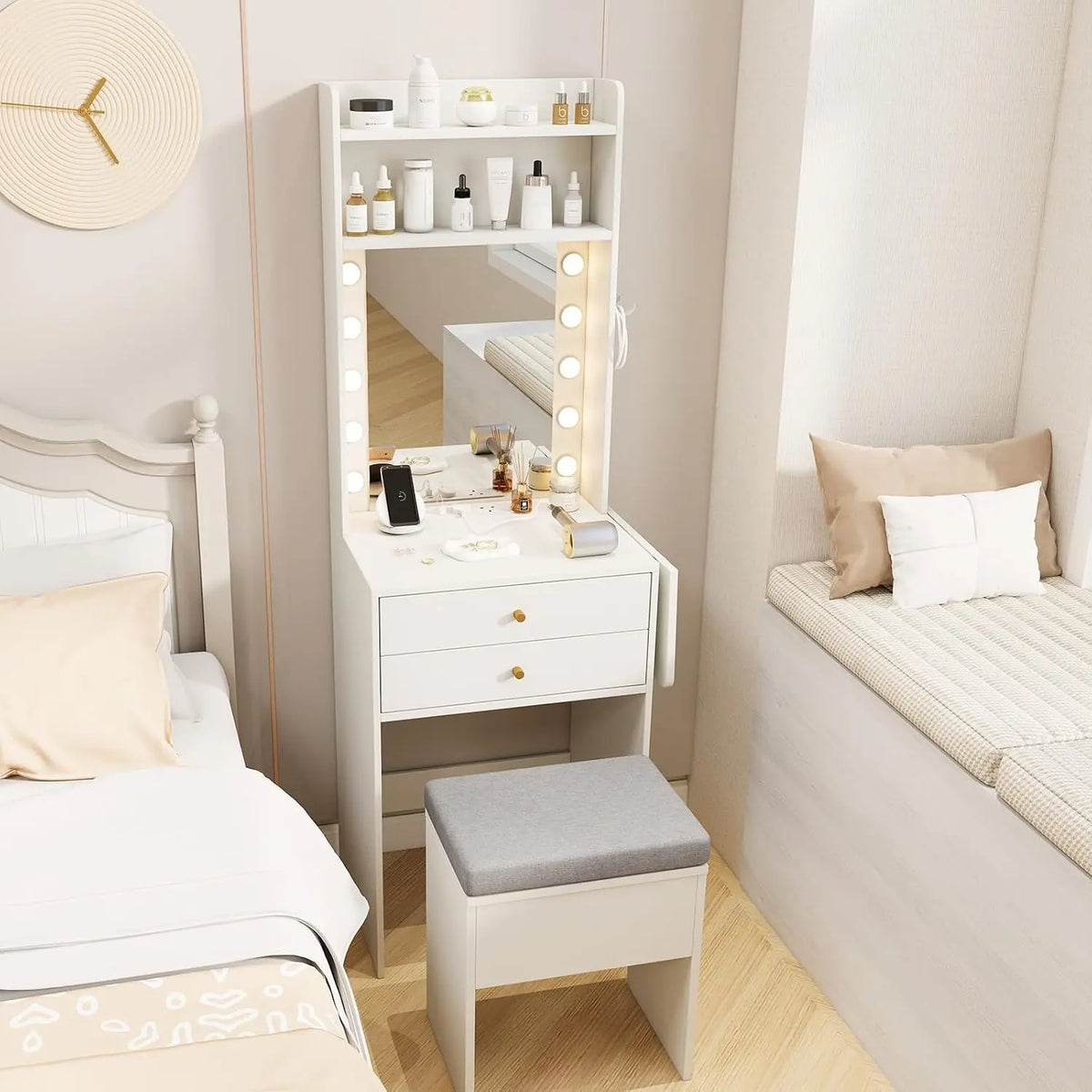 COSTWAY Petite Coiffeuse avec Miroir et Tabouret – 72 x 39 x 151 cm, gris/beige/blanc