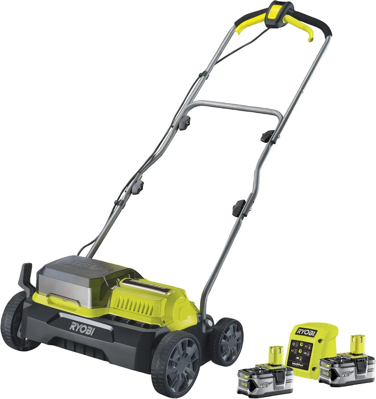 RYOBI Scarificateur 18V ONE+ 35 cm Bac 55 L RY18SFX35A-240 2 Batteries 4 Ah – gris