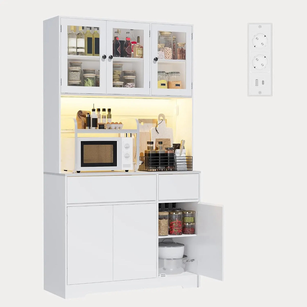Xbro Buffet de Cuisine Haut 180cm avec Éclairage LED et Prise Électrique – 100 x38,5 x180 cm, gris/blanc
