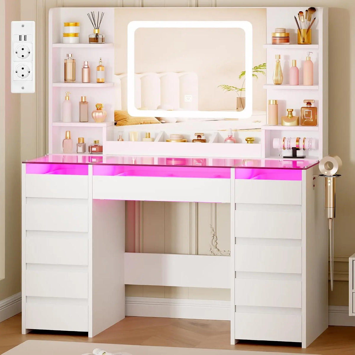 BEWISHOME Coiffeuse avec Miroir LED et Éclairage RGB – gris/beige/blanc