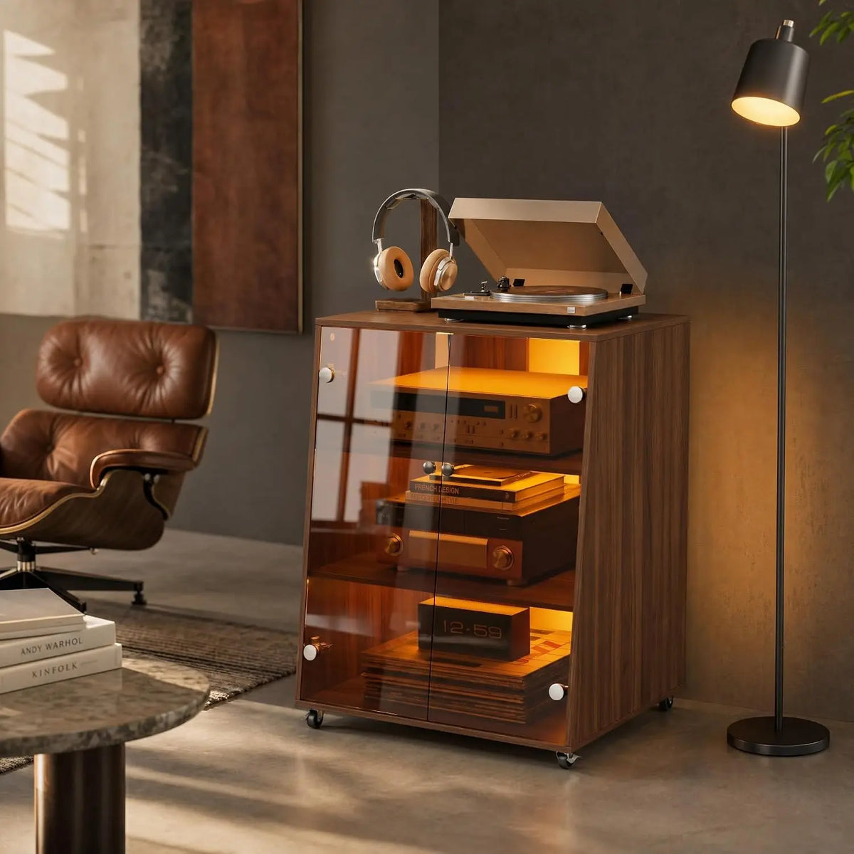 Meuble HiFi 4 Niveaux avec LED – 54 × 65 × 85 cm, orange/gris/marron