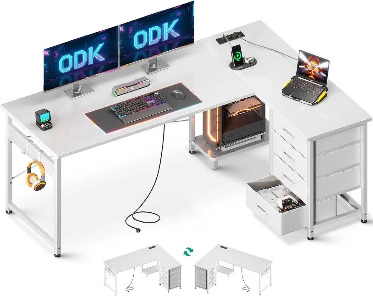 ODK Bureau d'angle avec 4 Tiroirs en Tissu – 155 x110 cm, blanc