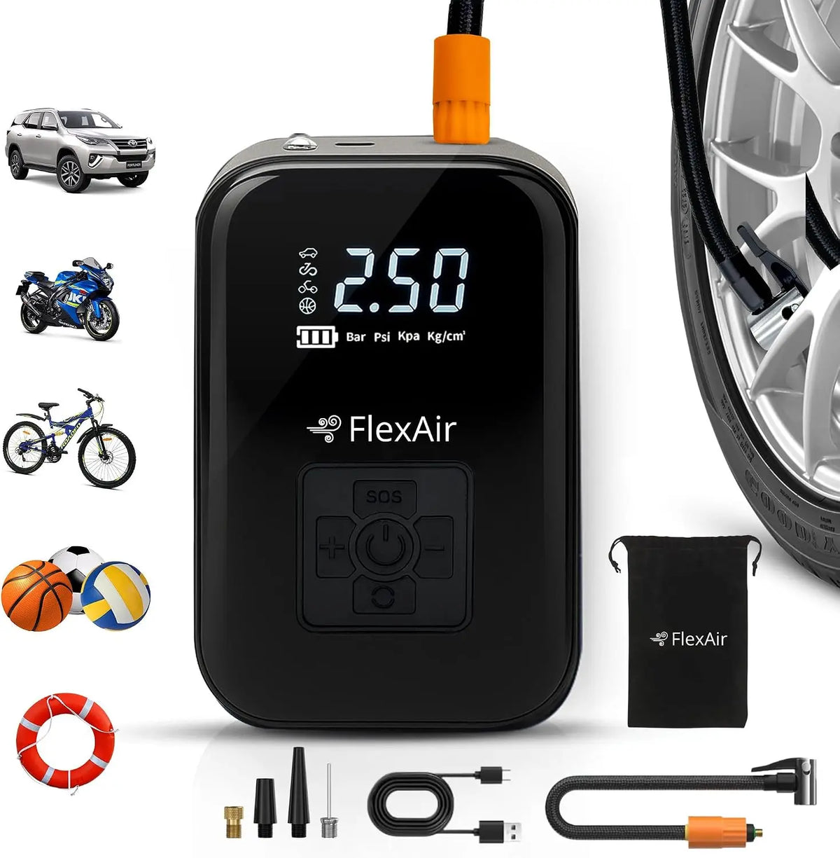 FLEXAIR Gonfleur Pneus Voiture & Pompe Vélo Électrique Rechargeable – noir/gris