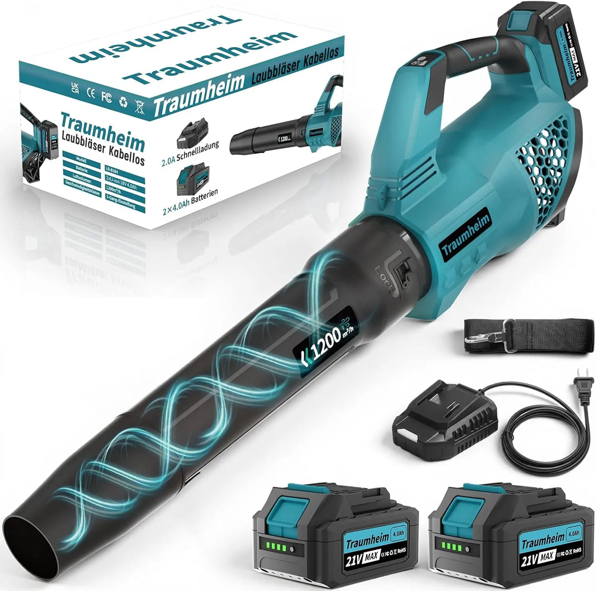 Souffleur de Feuilles sans Fil avec Batterie – 1200 m³/h, 4,0 Ah, gris/bleu