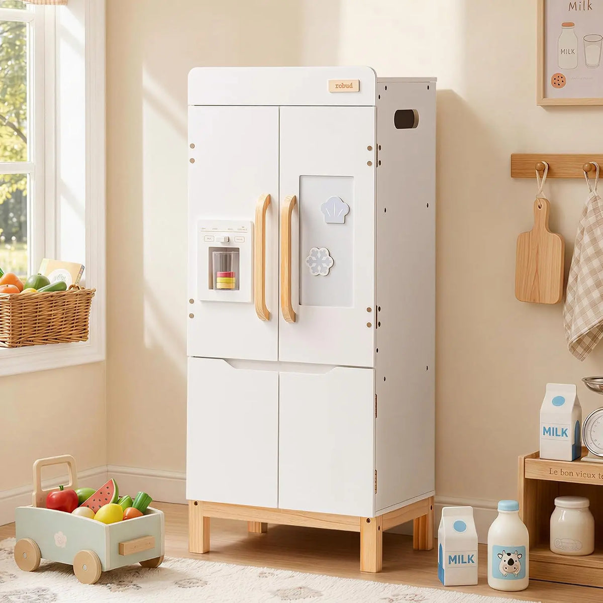ROBUD Frigo de jeu en bois pour enfants avec distributeur automatique de boissons et rangement – blanc