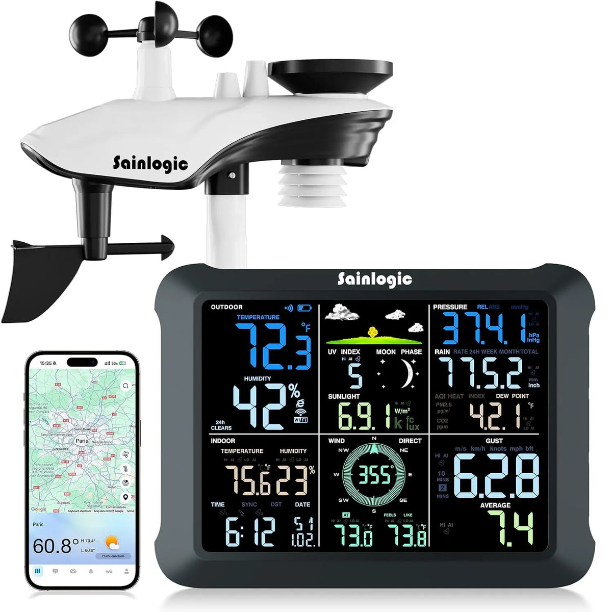 Sainlogic Station météo WiFi avec capteur extérieur – 2,4 GHz, noir/gris