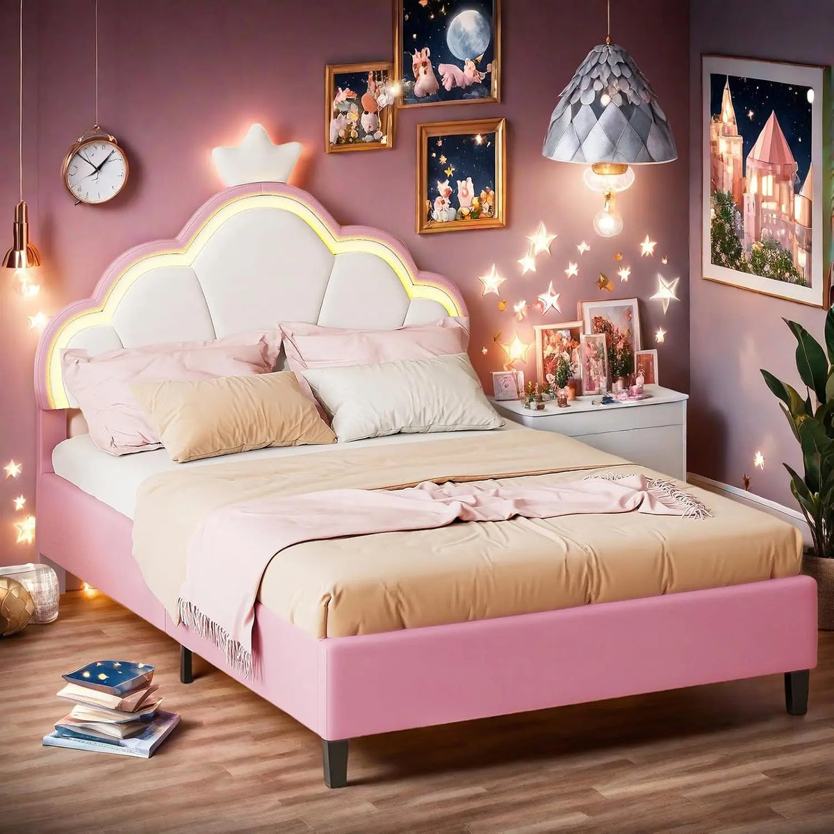 Lit Enfant Rembourré 140x200 cm Lit de Princesse en Forme de Couronne avec LED lit Double capitonné