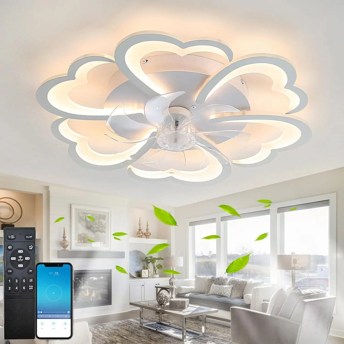 Fleur Ventilateur de Plafond avec Telecommande – 2,4 GHz, blanc