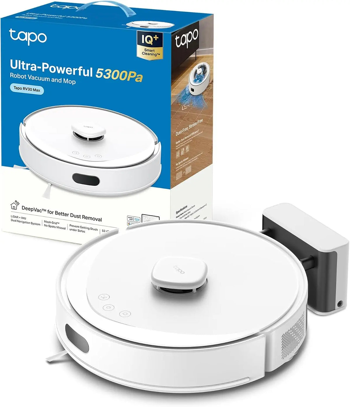Tapo Aspirateur Robot Laveur 5300 Pa – RV30, 300 ml, 2,4 GHz, blanc