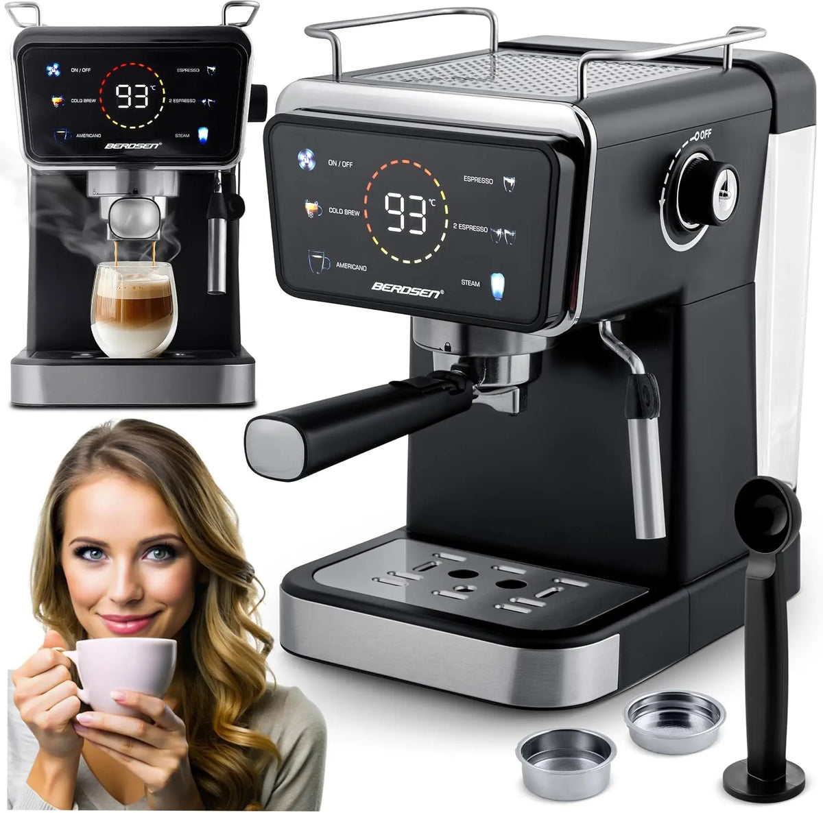 Berdsen Machine à café - Machine à expresso - 1,5 l - 20 bar - Mousseur à lait - 2 filtres - Cool – 1350 W
