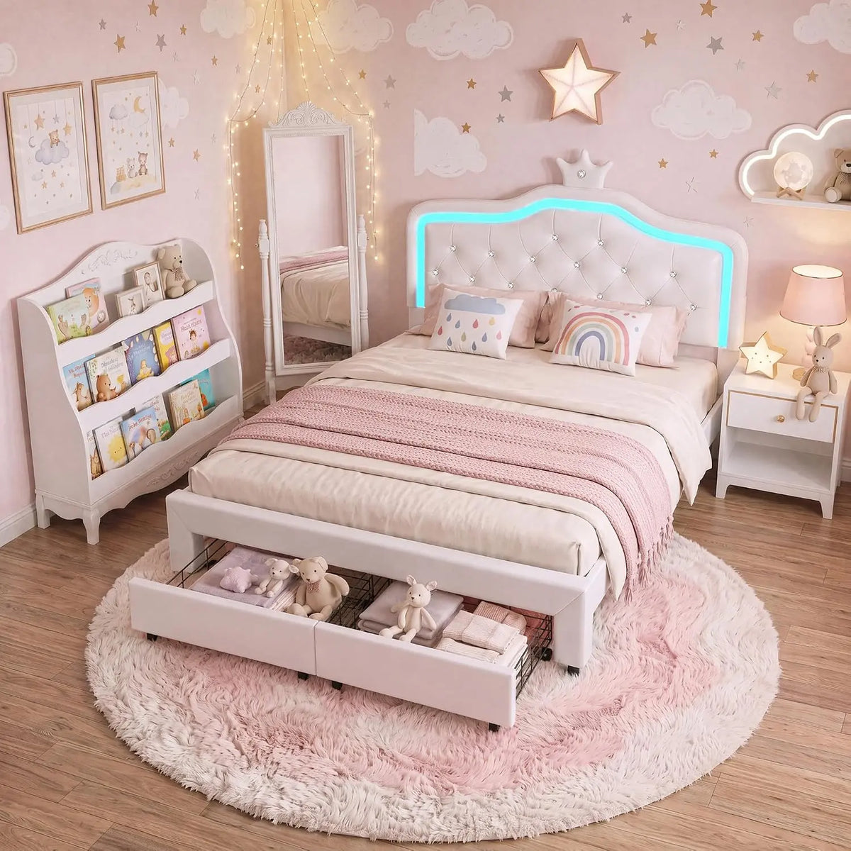 Générique Lit 2 Place Enfant Fille 140 x 200 cm avec Lampes LED – blanc