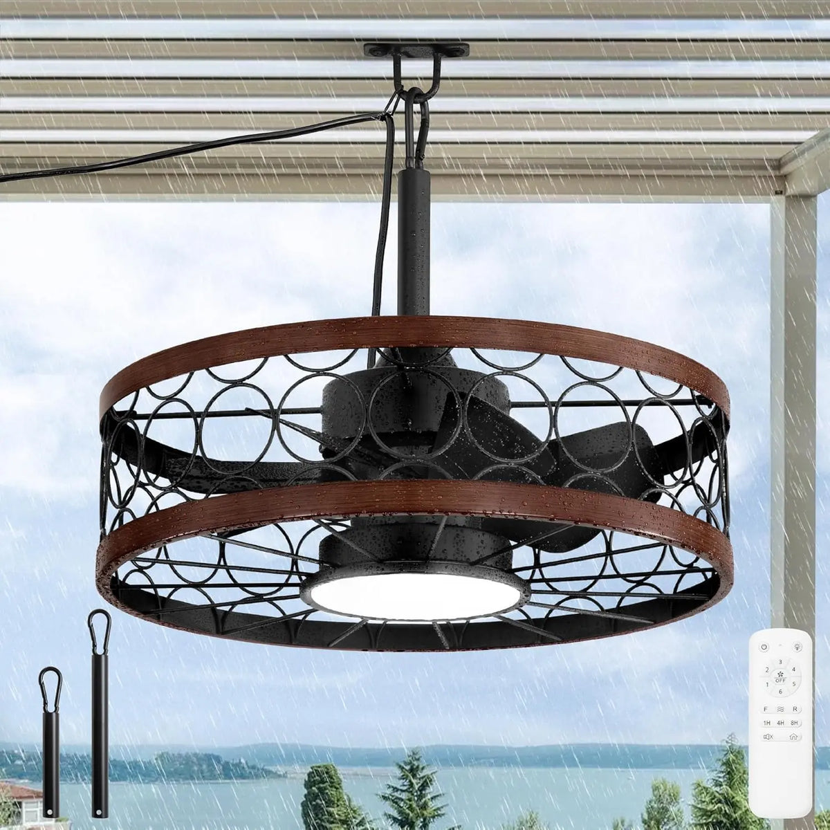 Ventilateur de Plafond IP65 Extérieure Étanche Ventilateur de Plafond avec Telecommande et lumière – 18 W, gris/bleu