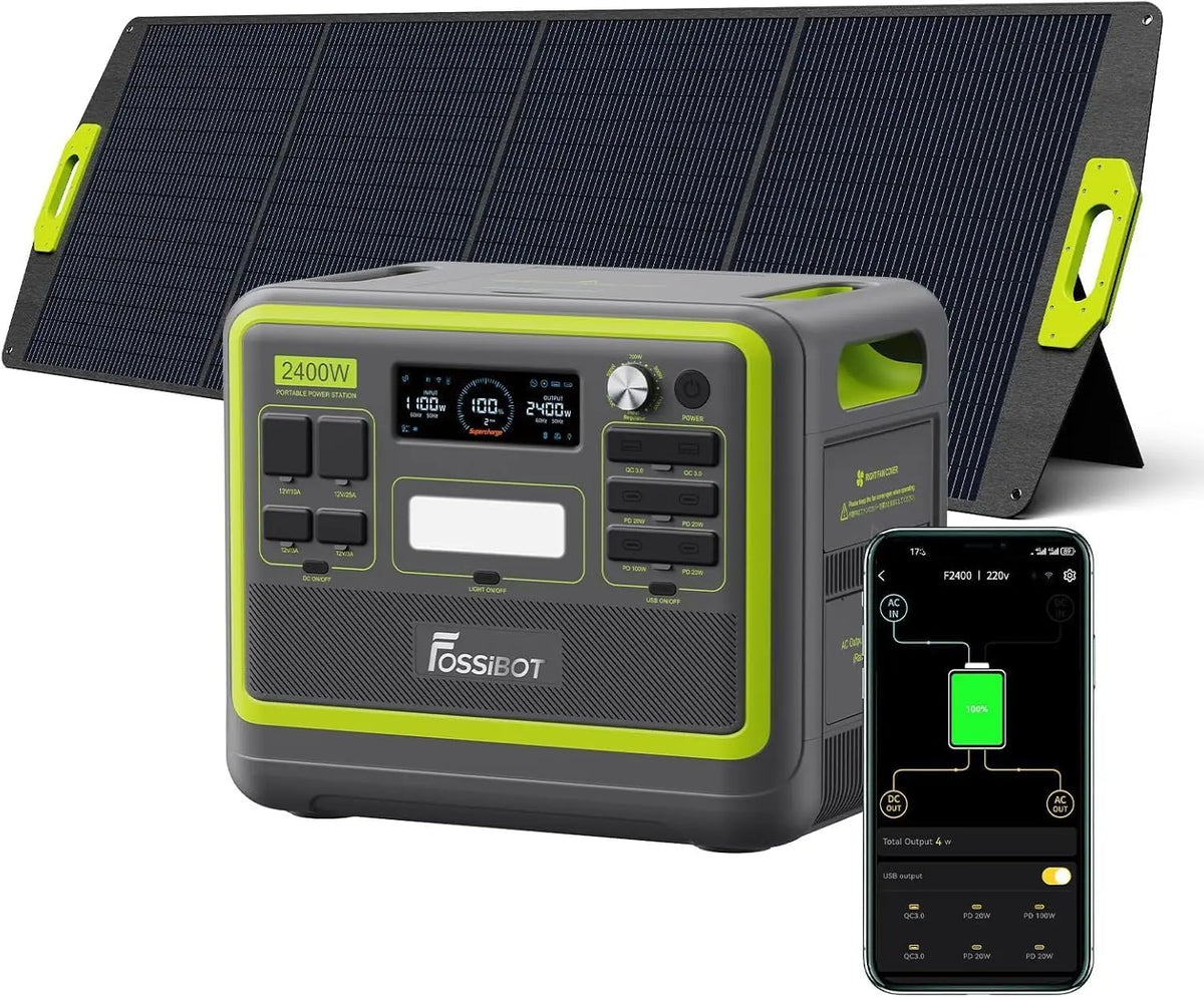 FOSSiBOT Générateur solaire F2400 avec panneau solaire 200 W – 200 W / 2400 W, 3055 mAh, 2048 Wh, gris/noir