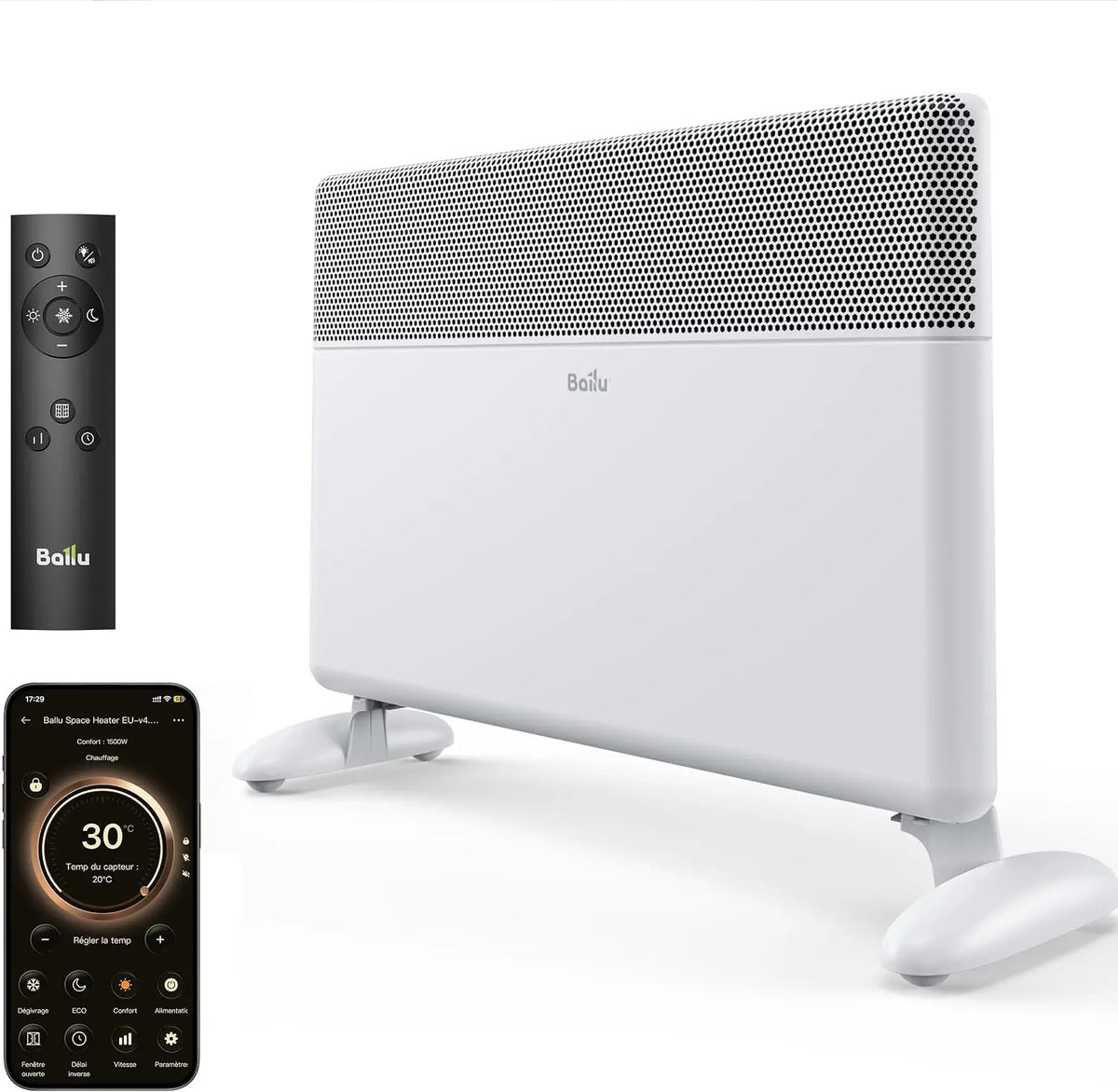 Ballu Radiateur Electrique Inertie 2000W Convecteur Electrique Mobile Connecté Wi-Fi – blanc