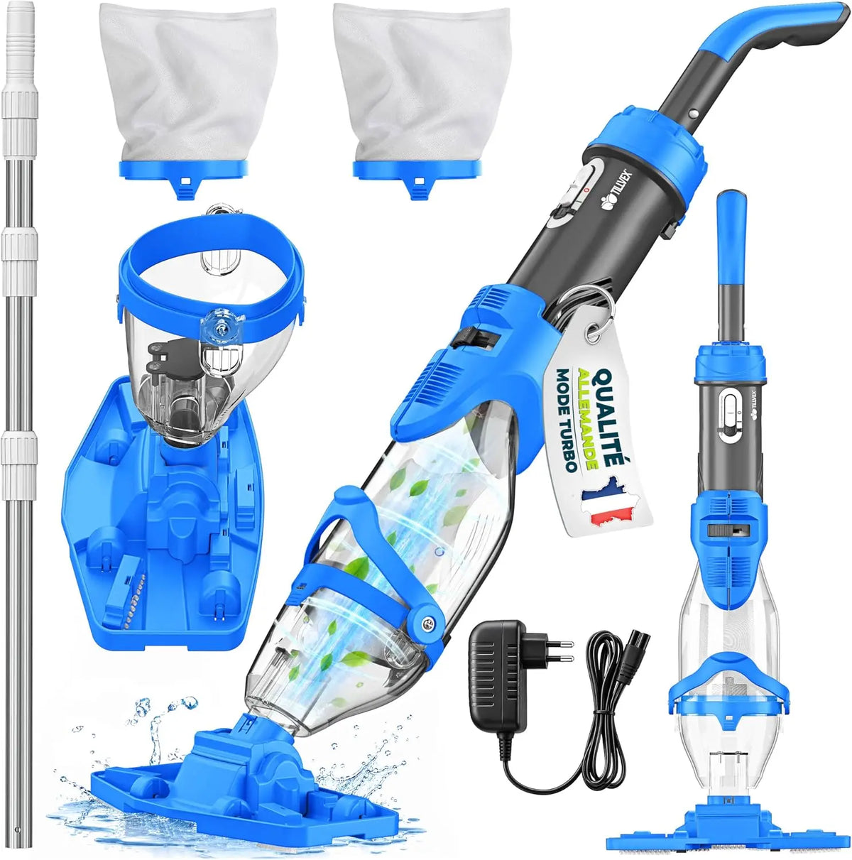 Tillvex Aspirateur de Piscine avec Batterie & Manche télescopique + Filtre – 15000 litres, 70 L/min, bleu/gris