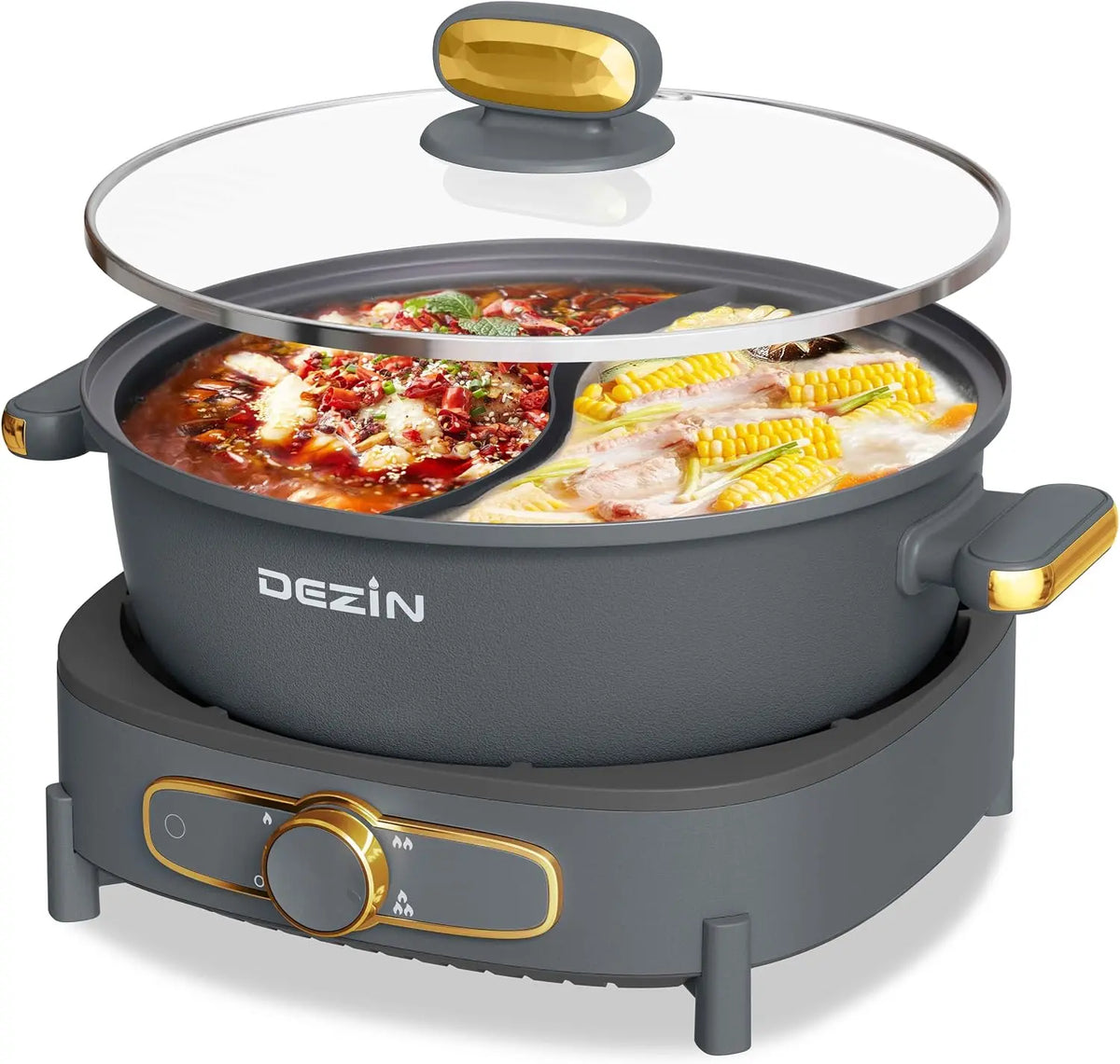 Dezin Hot Pot électrique avec séparateur casserole ou autocuiseur – 1350 W, 6 L, gris
