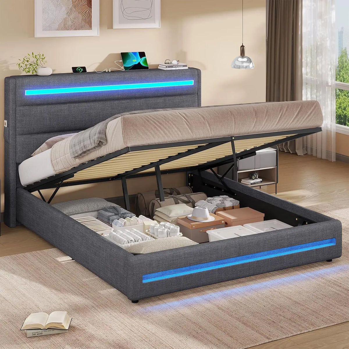 KIMENICH Lit Coffre 140x200 à LED – gris