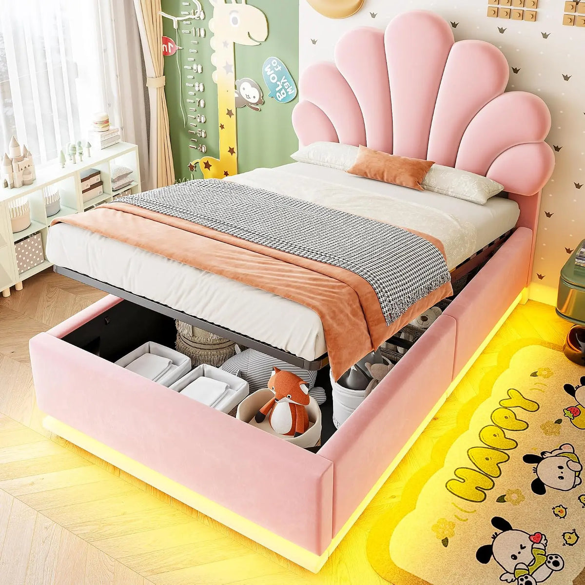 Sapgaks Lit Enfant capitonné 90x200 cm avec éclairage LED – rose