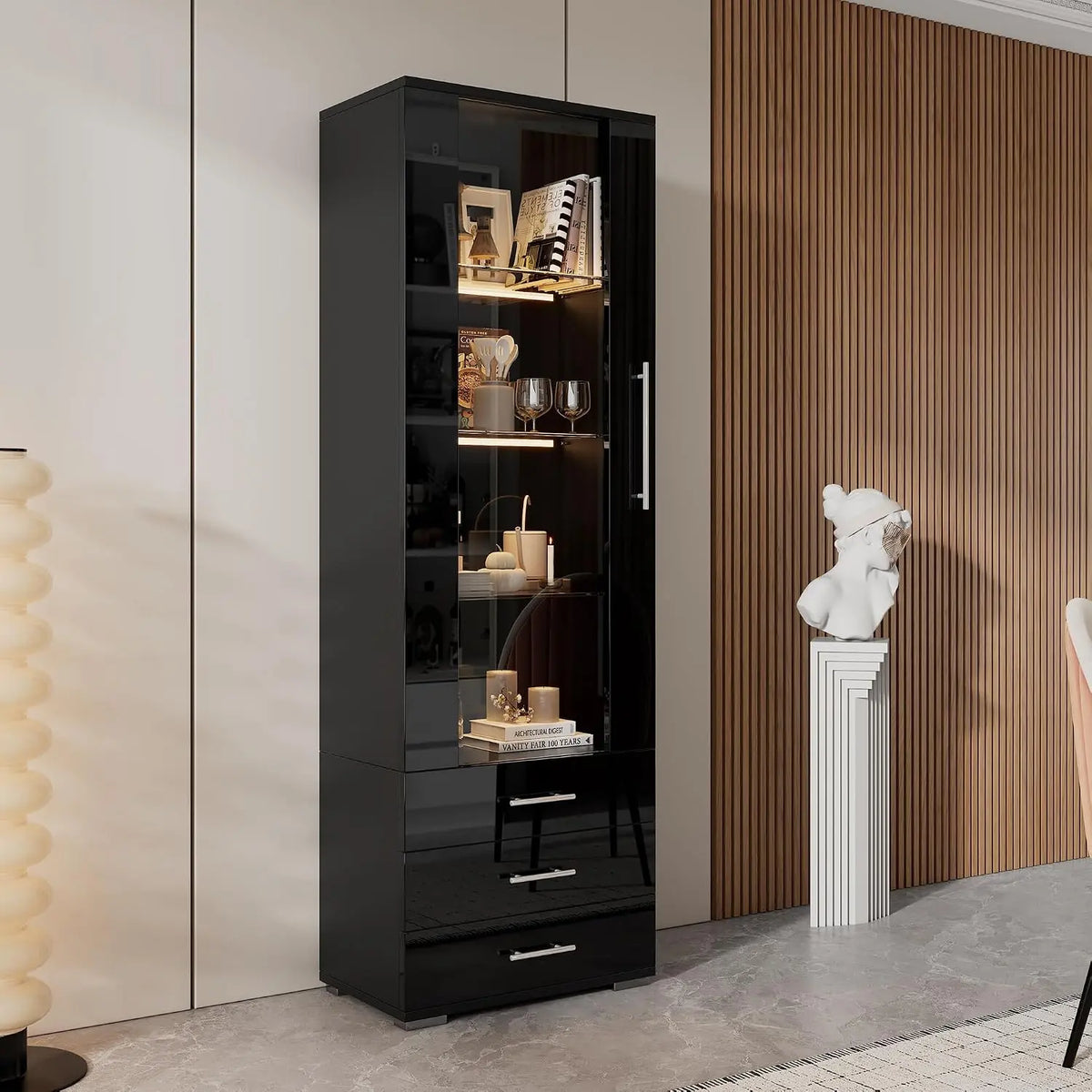 Merax Vitrine en verre avec éclairage LED – noir
