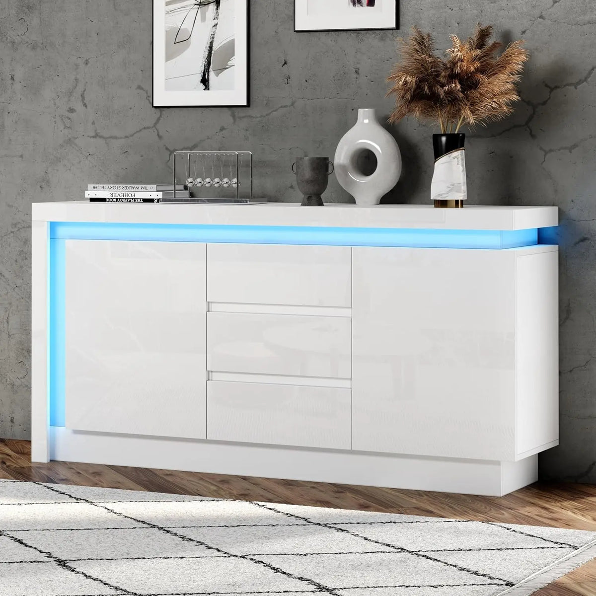 Merax Buffet blanc brillant avec LED meuble de rangement