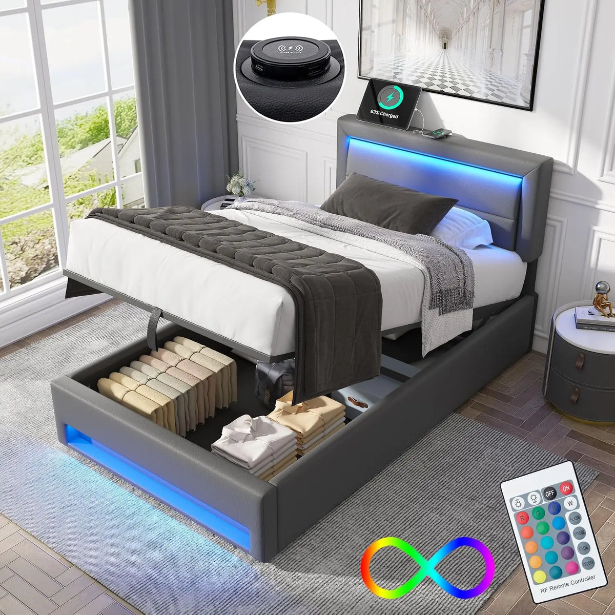 Lit 90 x 190 avec Sommier LED et USB Charge sans Fil – gris