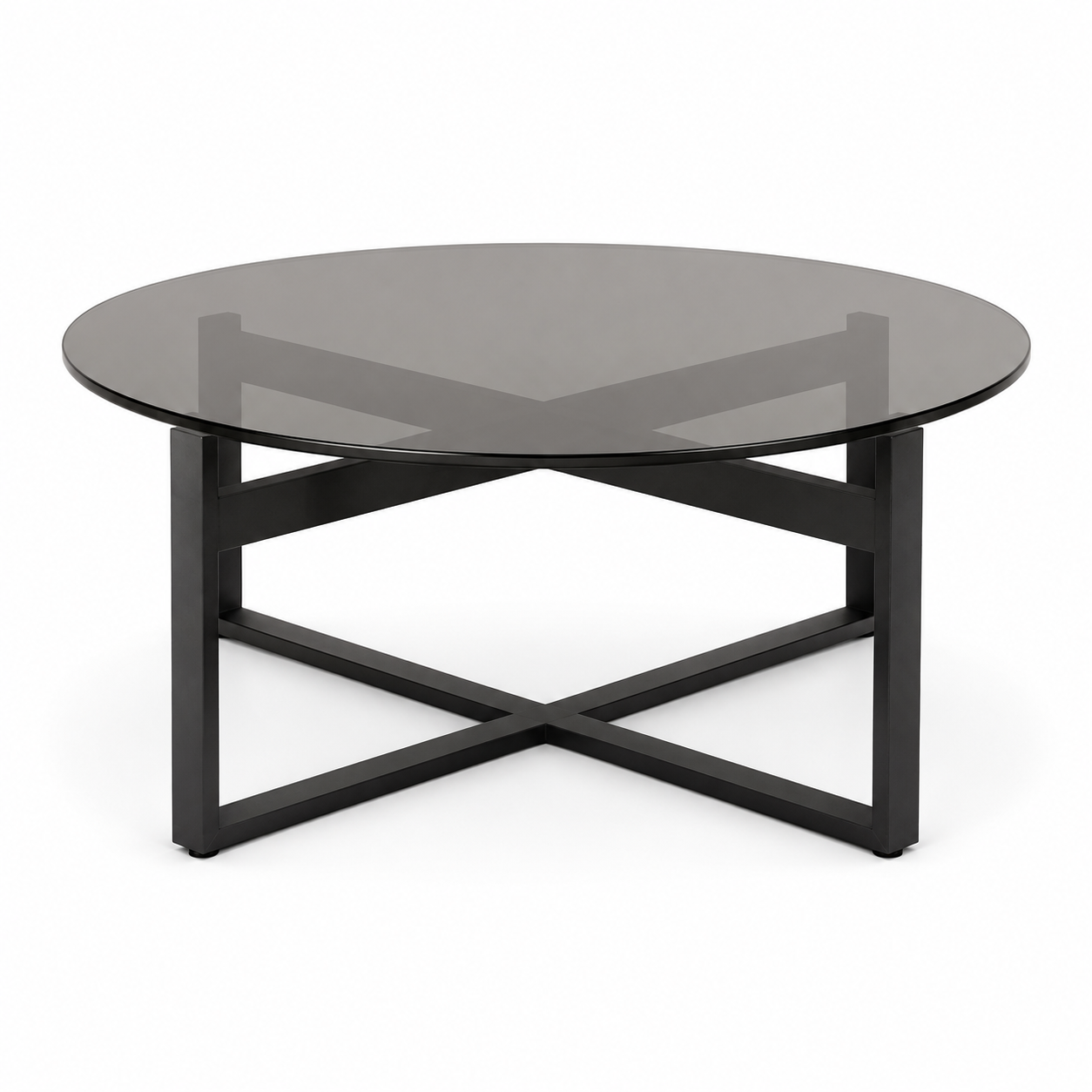 Table basse ronde en verre trempé fumé et métal noir 80x80x42 cm