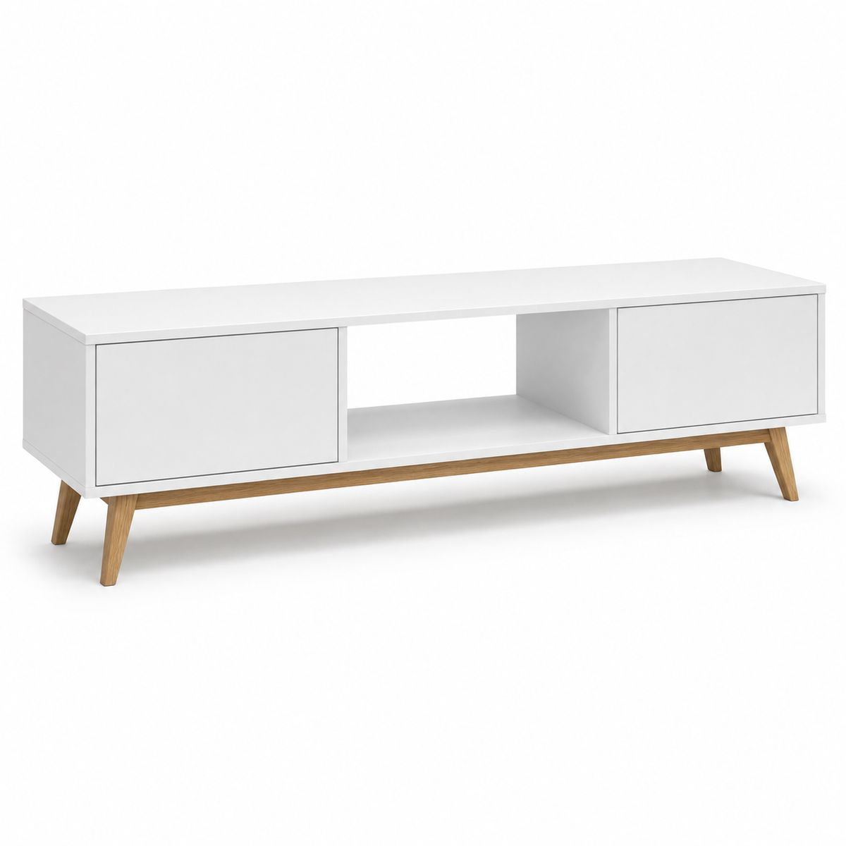 Meuble TV blanc mat avec pieds en chêne 150x40x48 cm