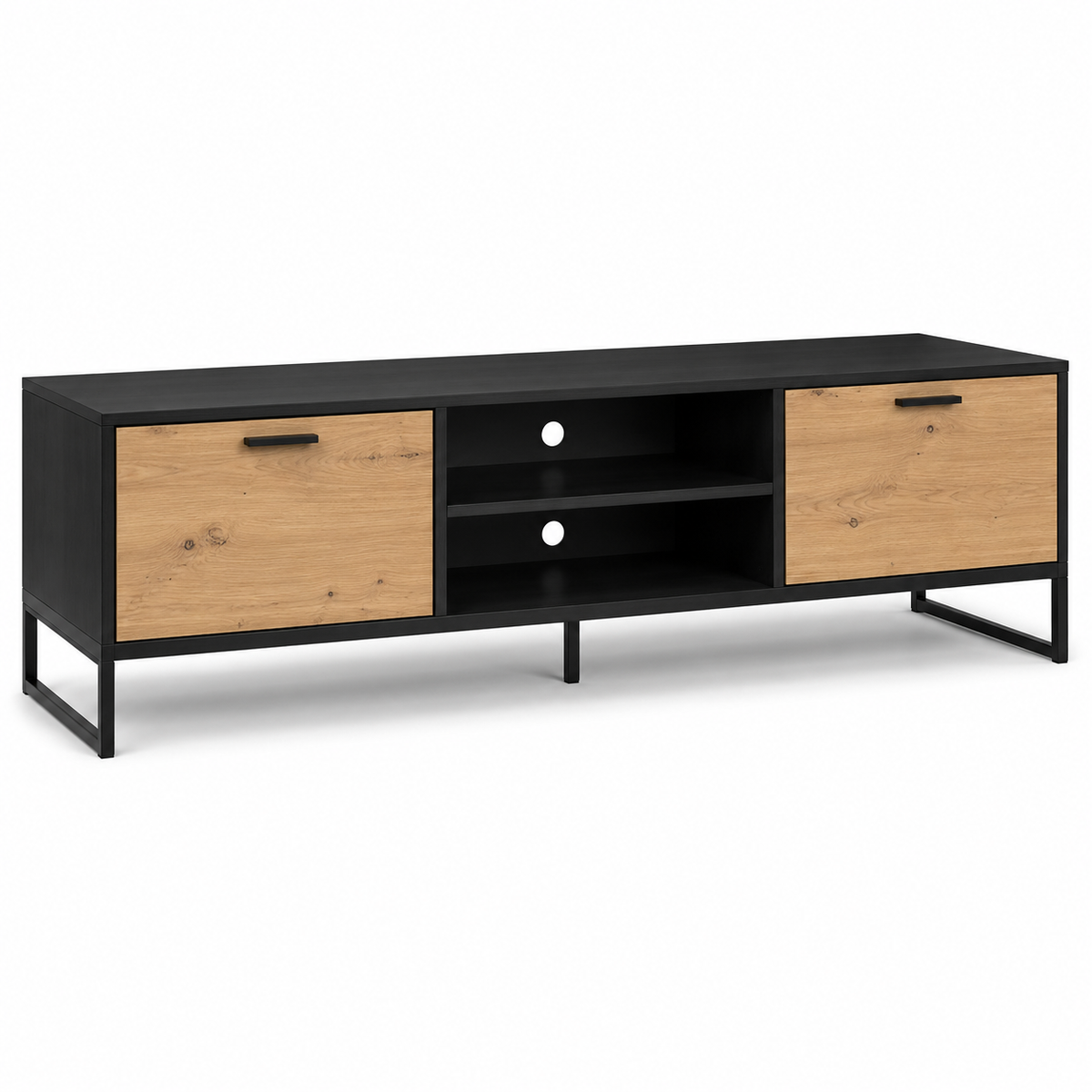 Meuble TV noir et chêne avec pieds métal 180x42x50 cm