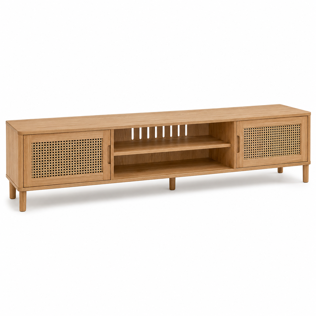 Meuble TV Japandi en chêne naturel et cannage 180x40x50 cm